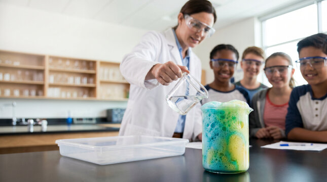 Middle school students and their teacher conduct a science experiment with a foaming chemical reaction in a modern classroom laboratory.
