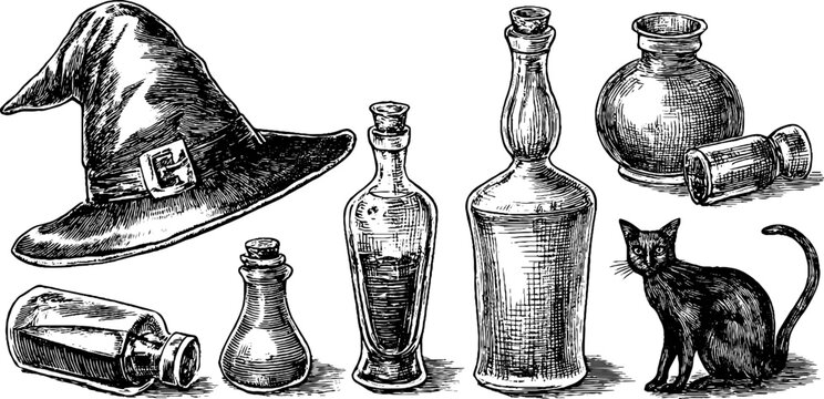 Witch hat and bottles beside black cat on white background