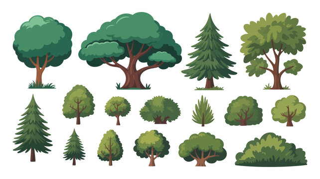 Tree and bush species vector set featuring deciduous oaks and conifers in clean illustration style for landscape ecology and nature design