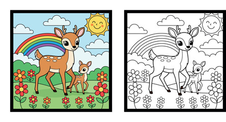 Obraz premium Cute Cartoon Deer Mother and Fawn in Flower Meadow with Rainbow - Nature Scene