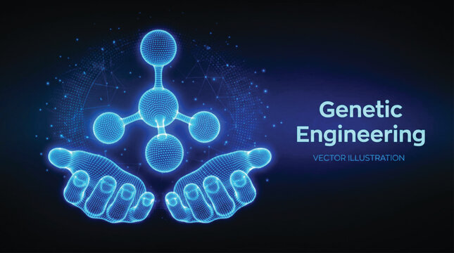 Two human hands wireframe model holding glowing blue molecule structure representing chemical synthesis and genetic engineering in a digital scientific environment vector illustration.