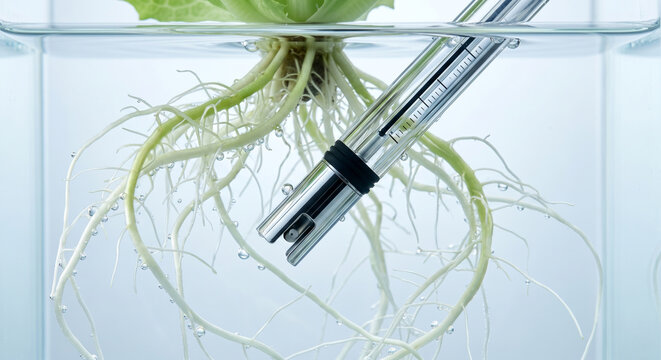 Close up of hydroponic lettuce plant with roots submerged in water next to a pH meter.