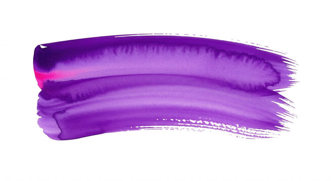 A horizontal brush stroke of vibrant purple watercolor paint with visible pigment texture isolated on a solid black background
