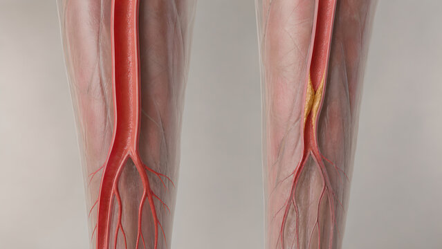 Peripheral arterial disease leg artery stenosis plaque narrowing reduced distal flow medical 3D render realistic vascular anatomy lower limb atherosclerosis soft tissue clinical image