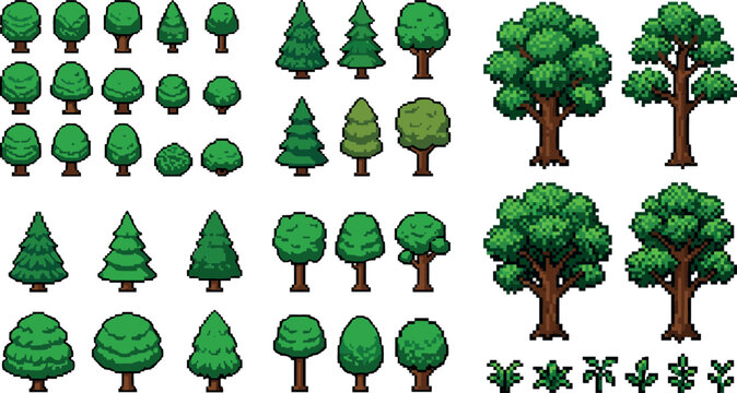 Various pixel art trees in different shapes and sizes with roots and greenery in vector illustration.