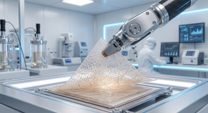 Robotic arm handling delicate organic biological tissue membrane in futuristic medical research facility.