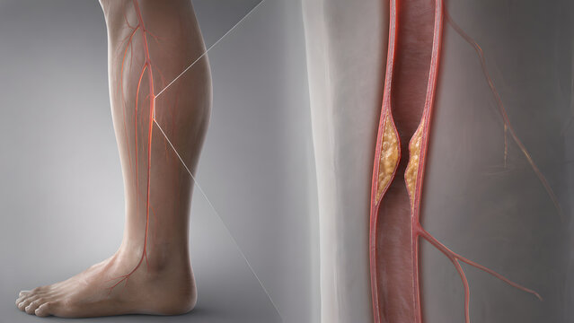 Peripheral arterial disease leg artery stenosis plaque narrowing reduced distal flow medical 3D render realistic vascular anatomy lower limb atherosclerosis soft tissue clinical image
