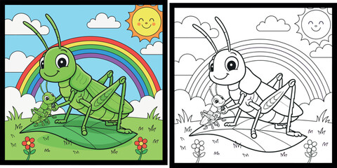 Fototapeta premium Cute Cartoon Grasshopper Family on a Leaf with Rainbow and Sun, Whimsical Children's Illustration of Nature and Insects in a Green Meadow