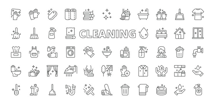 Cleaning icons in line design. cleaning, hygiene, clean, broom, mop, spray, wash on white background vector. Cleaning editable stroke icons