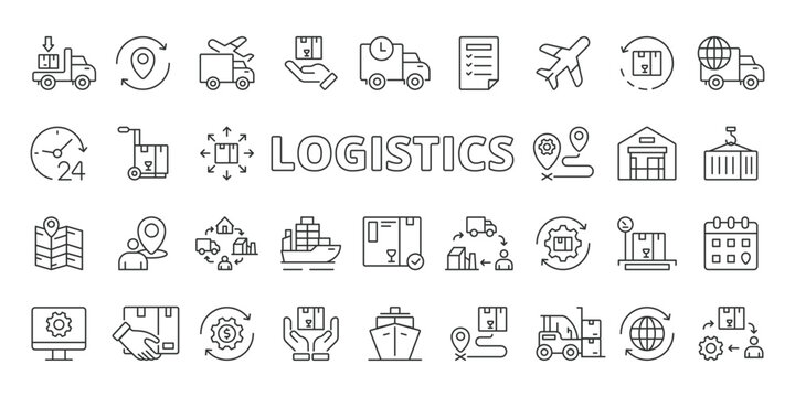 Logistics icons in line design. logistics, delivery, transport, shipping, warehouse, cargo, supply on white background vector. Logistics editable stroke icons