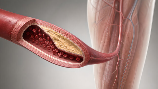 Peripheral arterial disease leg artery stenosis plaque narrowing reduced distal flow medical 3D render realistic vascular anatomy lower limb atherosclerosis soft tissue clinical image