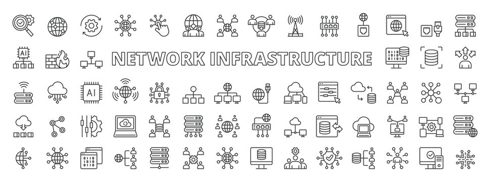 Network Infrastructure icons in line design. network, infrastructure, server, data, connection, system, cloud on white background vector. Network Infrastructure editable stroke icons