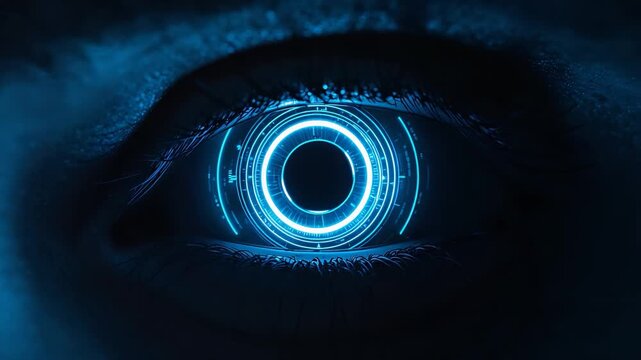 Human eye with glowing blue neon circular iris pupil and detailed eyelash in dark background macro view