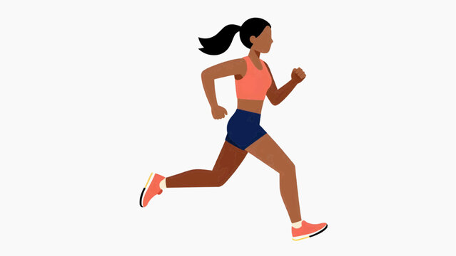 Athletic dark skin woman running jogging side view sports fitness flat cartoon vector illustration isolated on white background