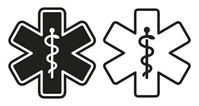star of life icon, medical emergency symbol, ambulance and paramedic healthcare sign, outline and filled vector illustration on transparent background