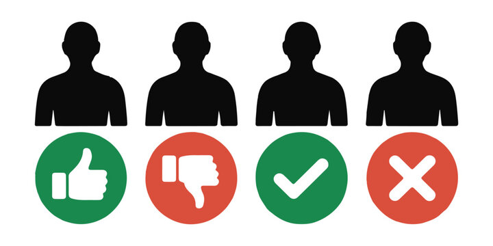 People avatar with approval or denial symbol, silhouette user with thumb up and down, check and x mark.