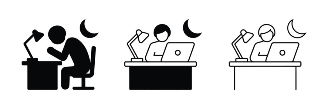 Late night work icon set with man using computer desk lamp and moon symbols representing overtime productivity remote work and night study design