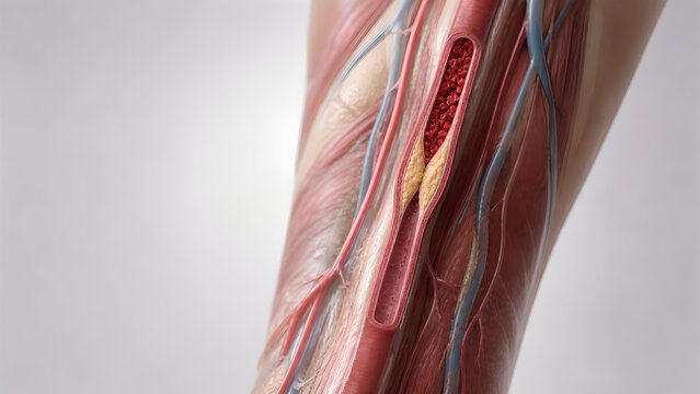 Peripheral arterial disease leg artery stenosis plaque narrowing reduced distal flow medical 3D render realistic vascular anatomy lower limb atherosclerosis soft tissue clinical image