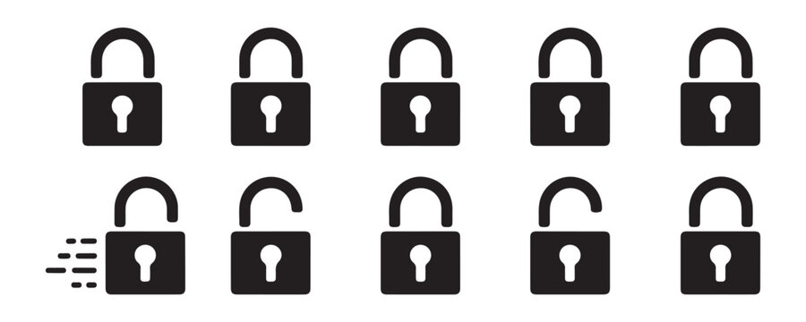 Minimalist digital padlocks icons collection for software protection interface design on transparent background.