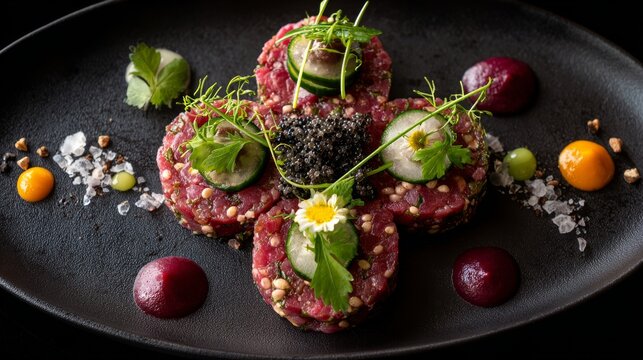 Exquisite Beef Tartare Presentation &mdash; Gourmet Dish with Caviar, Cucumber, Herbs and Vibrant Garnishes on a Black Plate