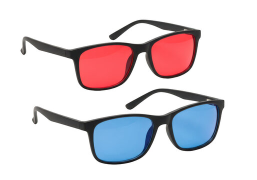 Two stylish sunglasses in vibrant red and blue frames isolated on transparent background