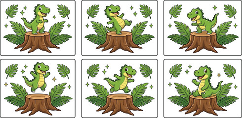 Cute Dinosaur Character Animation Set Featuring Cartoon T Rex Poses on Tree Stump with Jungle Leaves in Colorful Vector Style for Kids Design © Priyanka