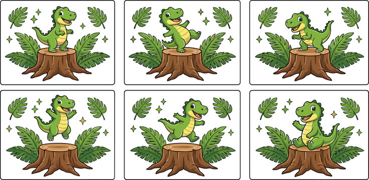 Cute Dinosaur Character Animation Set Featuring Cartoon T Rex Poses on Tree Stump with Jungle Leaves in Colorful Vector Style for Kids Design