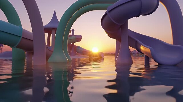 Sunset over a floating inflatable obstacle course with looping purple arches on calm water