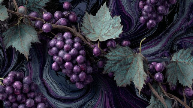 Mystical Purple Grapes with Vine Leaves &mdash; Artistic Swirl Background for Food or Wine Themed Designs
