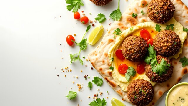 Falafel Feast: A delectable arrangement of falafel balls, accompanied by creamy hummus, fresh vegetables, and flavorful sauces, promising a tantalizing culinary experience.