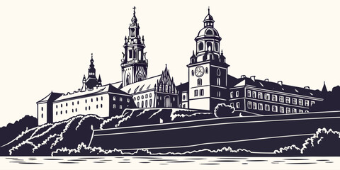 Obraz premium Krakow City Skyline Vector Art | Wawel Castle & St. Mary's Twin Towers Silhouette