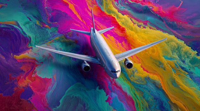 Aerodynamic Flight: Modern Passenger Jet Amidst Vibrant Abstract Sky Waves &mdash; Dynamic Travel Illustration