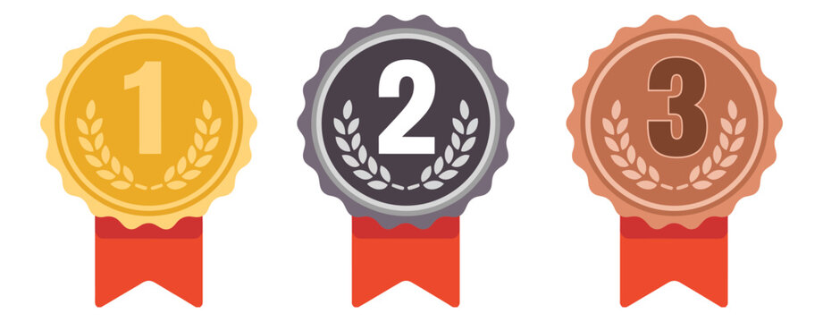 Medal icon set featuring gold silver and bronze awards with red ribbon for winners podium ranking first second third place achievement design