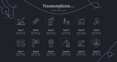 Camping adventure set icon. Mountains landscape, skewer cooking, navigation smartphone, forest campsite, tent shelter, tree care, camper van, direction signpost © Anastasia