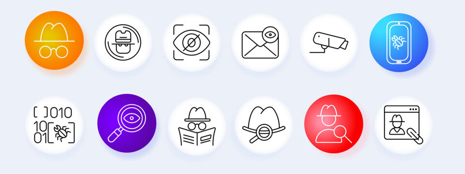 Spy security set icon. Hat badge scan eye message camera phone code magnifier agent profile search line icons minimal outline style surveillance privacy collection.