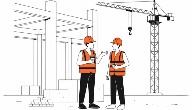 Engineer and worker discussing plans, laptop showing blueprints, outdoor construction site meeting from back view perspective.
