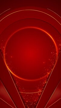 Crimson ceremonial round frame bright golden outlines, warm sparkles, layered side panels, empty center space. invitation videos, gala openers, celebration titles, luxury banners, stage event graphics