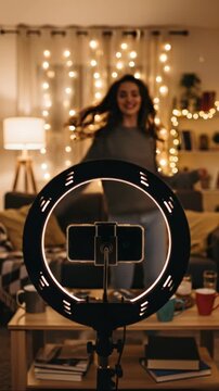 blurred happy woman dancing in background focused ring light with smartphone recording viral social media dance video modern content creator home lifestyle vlog fun internet trend