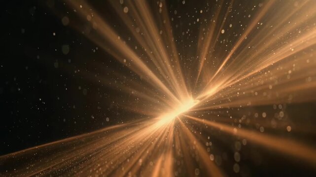 Golden light rays bursting outward with shimmering particles on a dark background, concept of energy and cosmic illumination