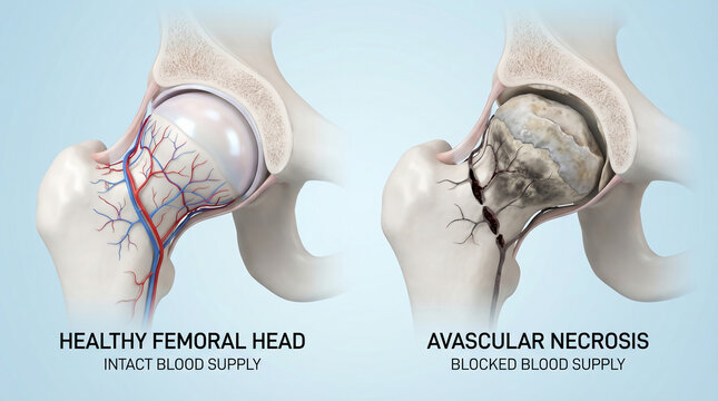 3D Medical Illustration of Healthy Femoral Head vs Avascular Necrosis