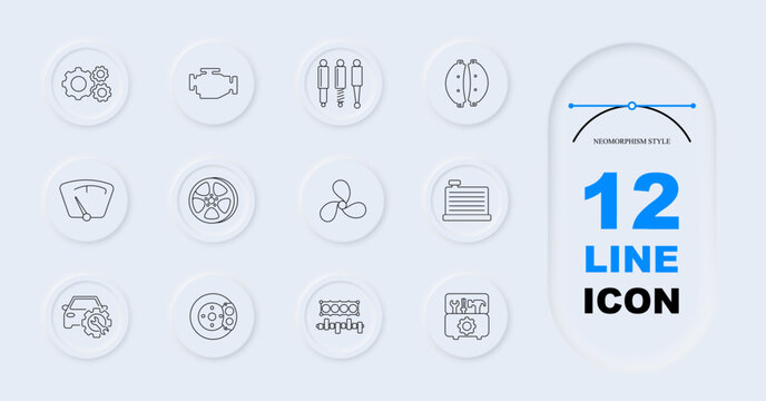 Car engine parts set icon. Line symbols with gears engine suspension brake pads speedometer wheel fan radiator car service brake disc cylinder engine block inside circular neumorphism