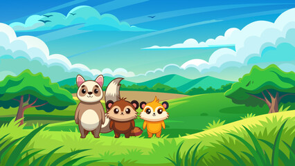 Fototapeta premium vector graphics, bushes, animals, fruits, berries, flowers, beavers, cats, squirrels, bugs, raccoons, chanterelles, frogs, birds, worms, clouds, banner, advertising, juices, children's, cartoon, natur