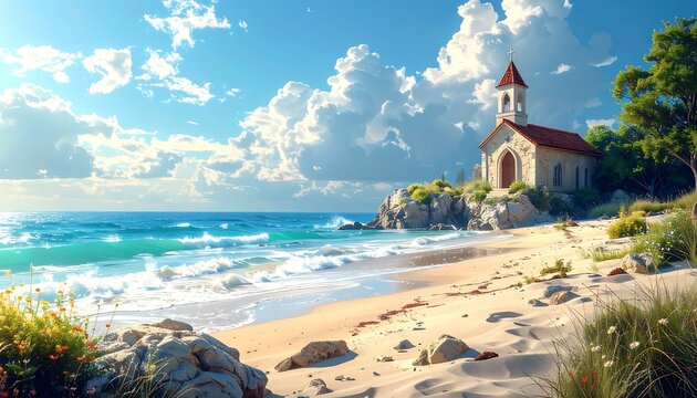 Coastal scene with a small church perched atop a rocky outcrop, overlooking a sandy beach and turquoise ocean. Bright sky with puffy clouds