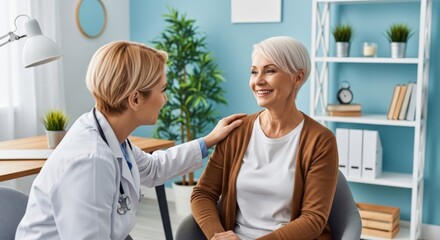 Fototapeta premium Doctor comforting senior patient during a medical consultation
