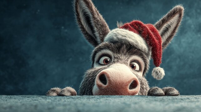 Cheerful Donkey in Santa Hat Peeking Over Snowy Border: Whimsical Christmas Illustration for Holiday Cards