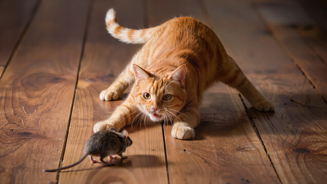 Playful ginger cat crouching on wooden floor watching small mouse, hunting instinct scene with alert pet and tiny rodent