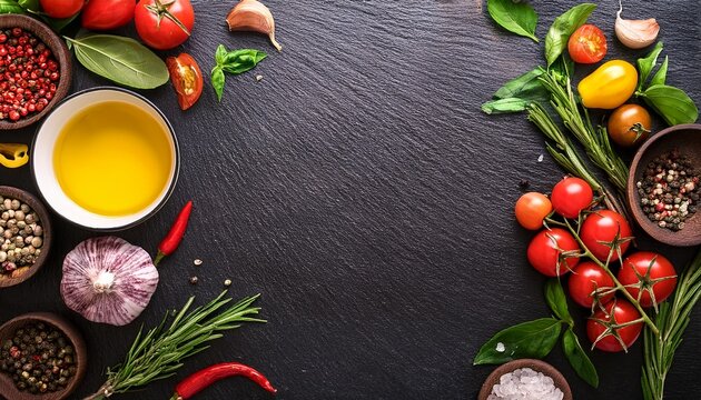 food background top view of olive oil cherry tomato herbs and spices on rustic black slate colorful food ingredients border