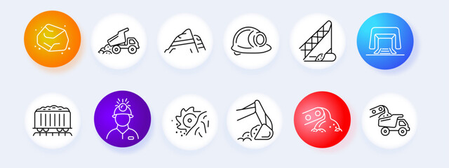 Construction mining set icon. Rock dump truck mountain helmet tower tunnel wagon worker drill excavator cement mixer line icons minimal outline style industrial equipment collection. © Anastasia