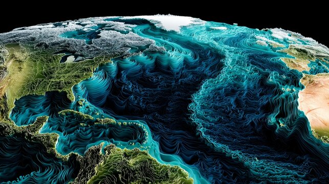 3D Topographic Earth: Detailed Relief Map of Oceans and Continents in Vibrant Hues for Educational or Sci-Fi Use
