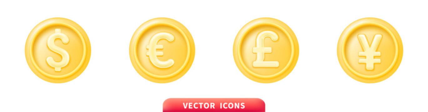 Golden currency coins set with dollar euro pound yen symbols, realistic 3d metallic money icons collection, shiny financial illustration for banking apps and economic designs